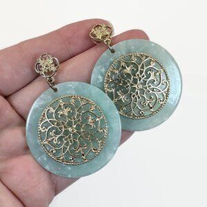 Vintage Earrings, Lucite: Gold Tone, Filagree, Boho, 80s, Statement, Dangle